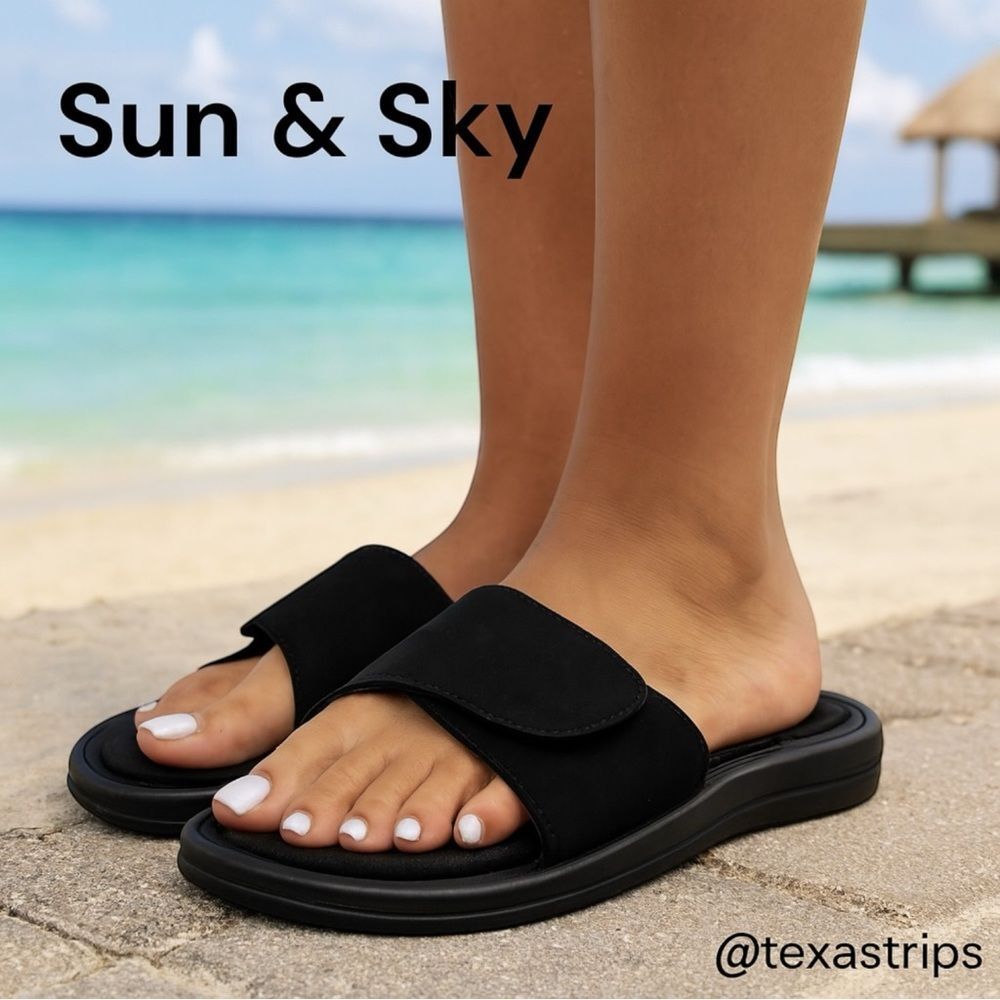 New Sun & Sky Women’s Black Slide Velcro Sandals M 7 8